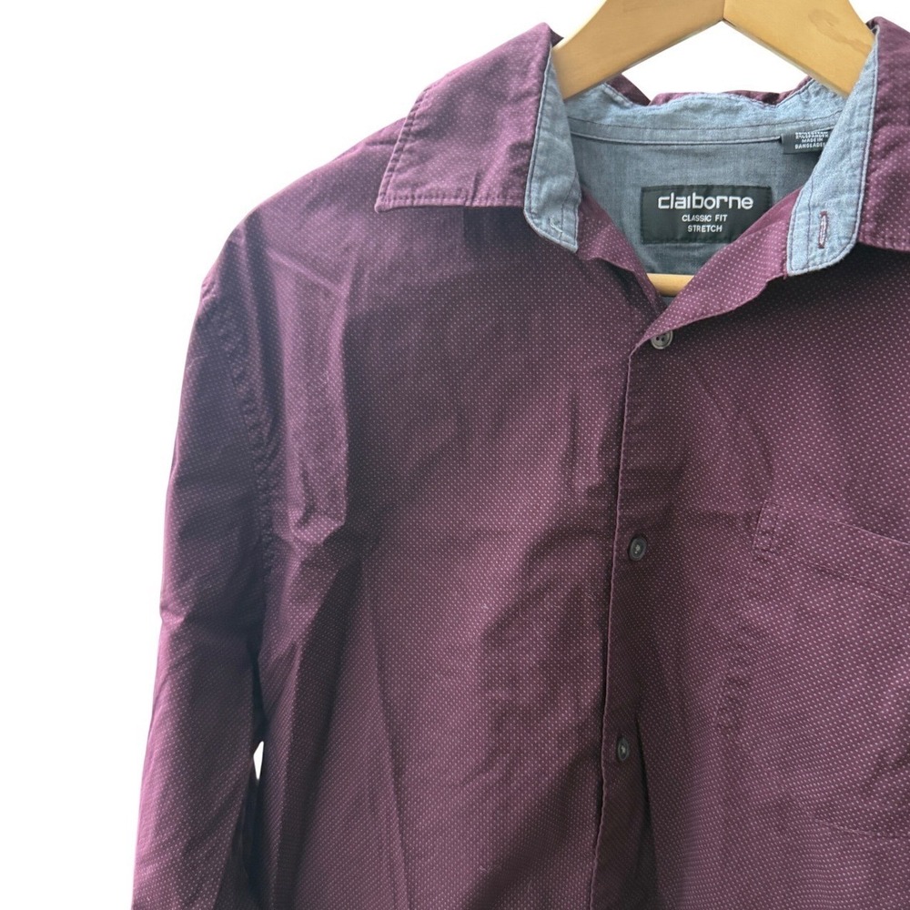 Claiborne Button Down Shirt Mens Medium Burgundy Excellent Stretch Micro-Dot